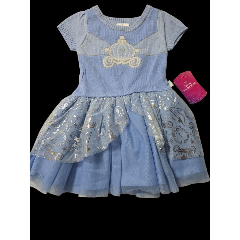 Disney Princess Cinderella 2T Girls Sweater Tutu Dress Blue Silver Carriage NWT - Picture 1 of 1